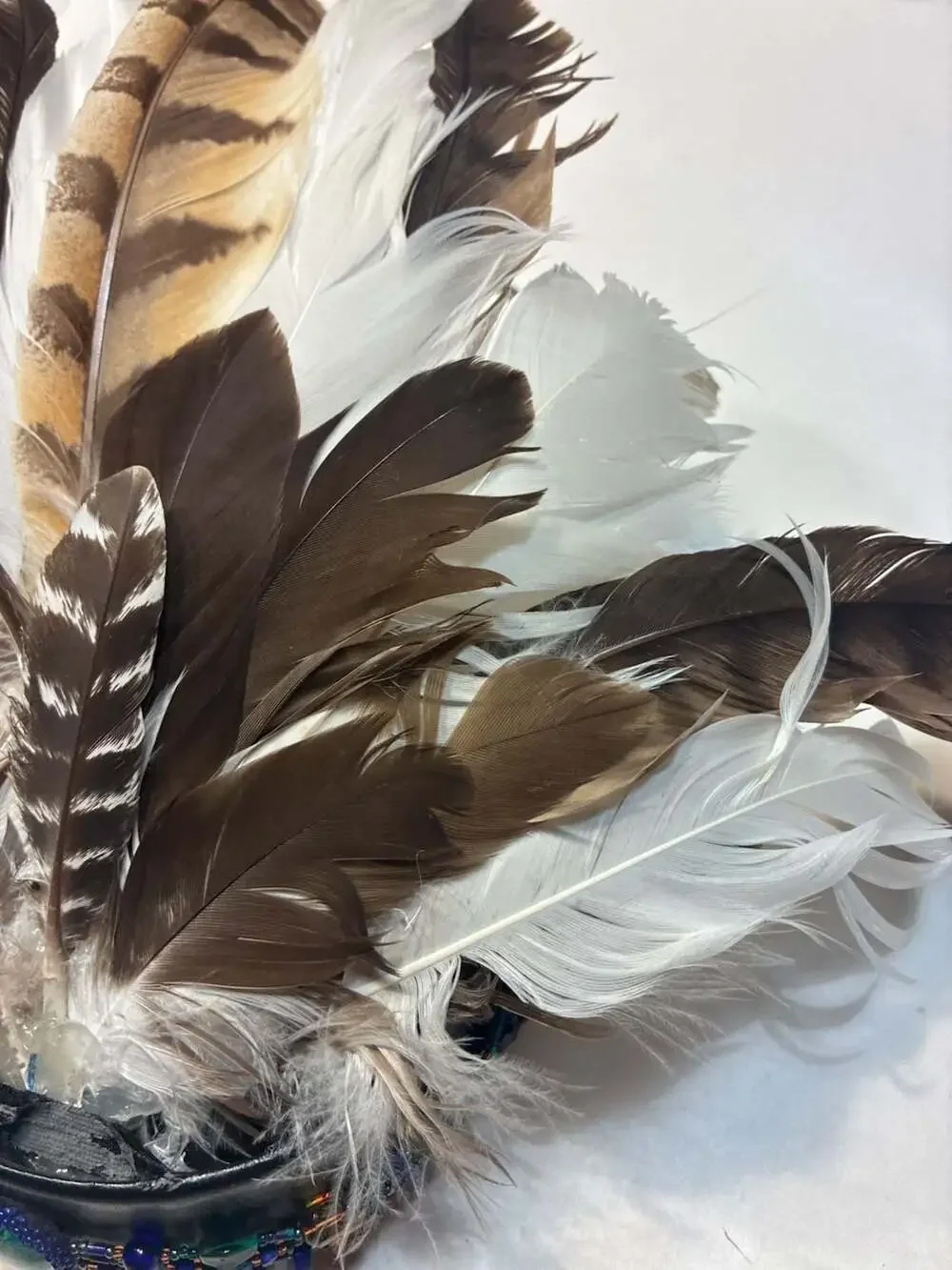 Handcrafted Beaded Leather Feather Headdress Headband with Malachite Focal Stone